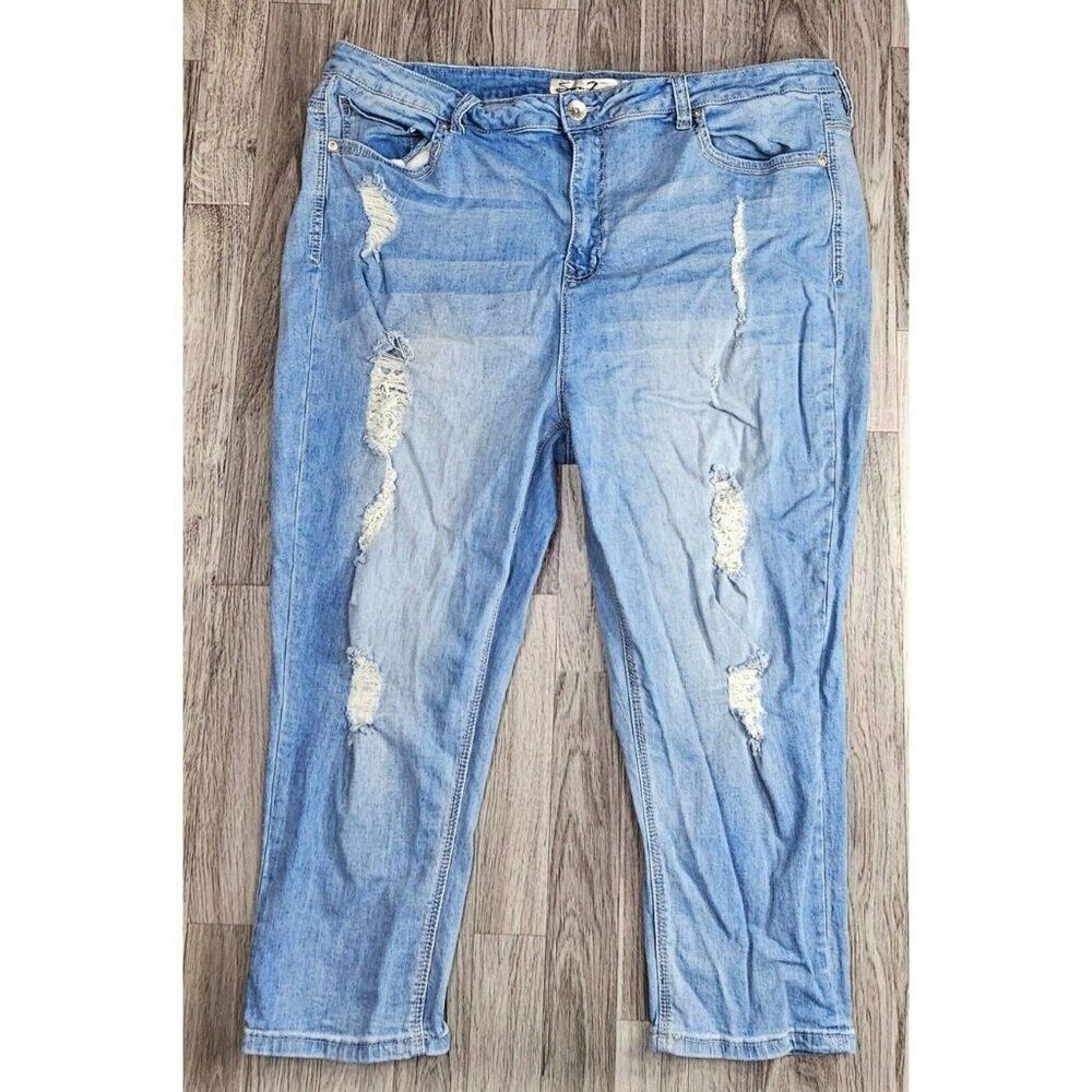 (3/$35) Seven 7 Size 24W Pockets Distressed Whiskered Cropped Denim Blue Jeans